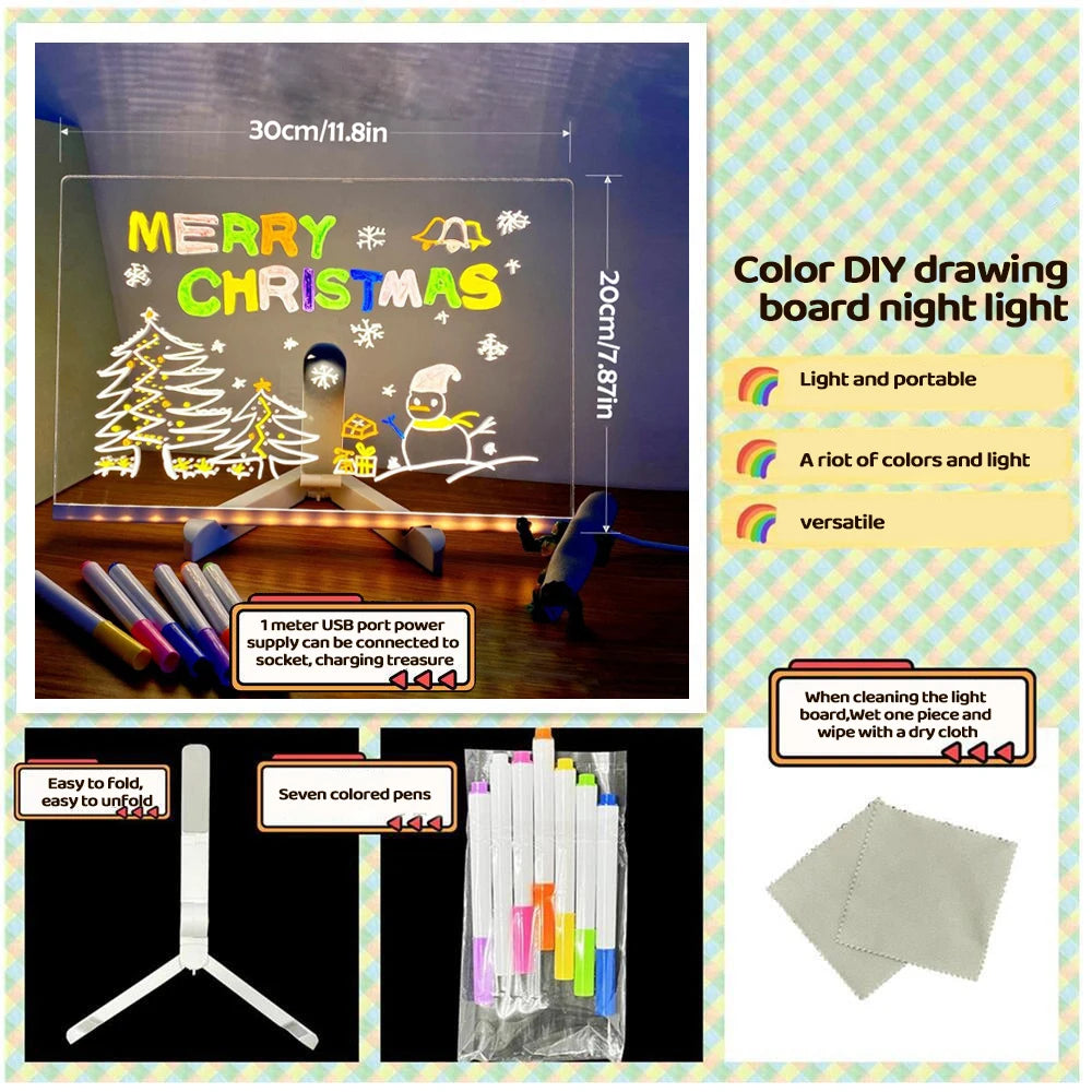 LED Note Board with Night Light Colorful 7 Pens DIY Acrylic Message Board Children‘S Drawing Board for Kids Birthday Gift